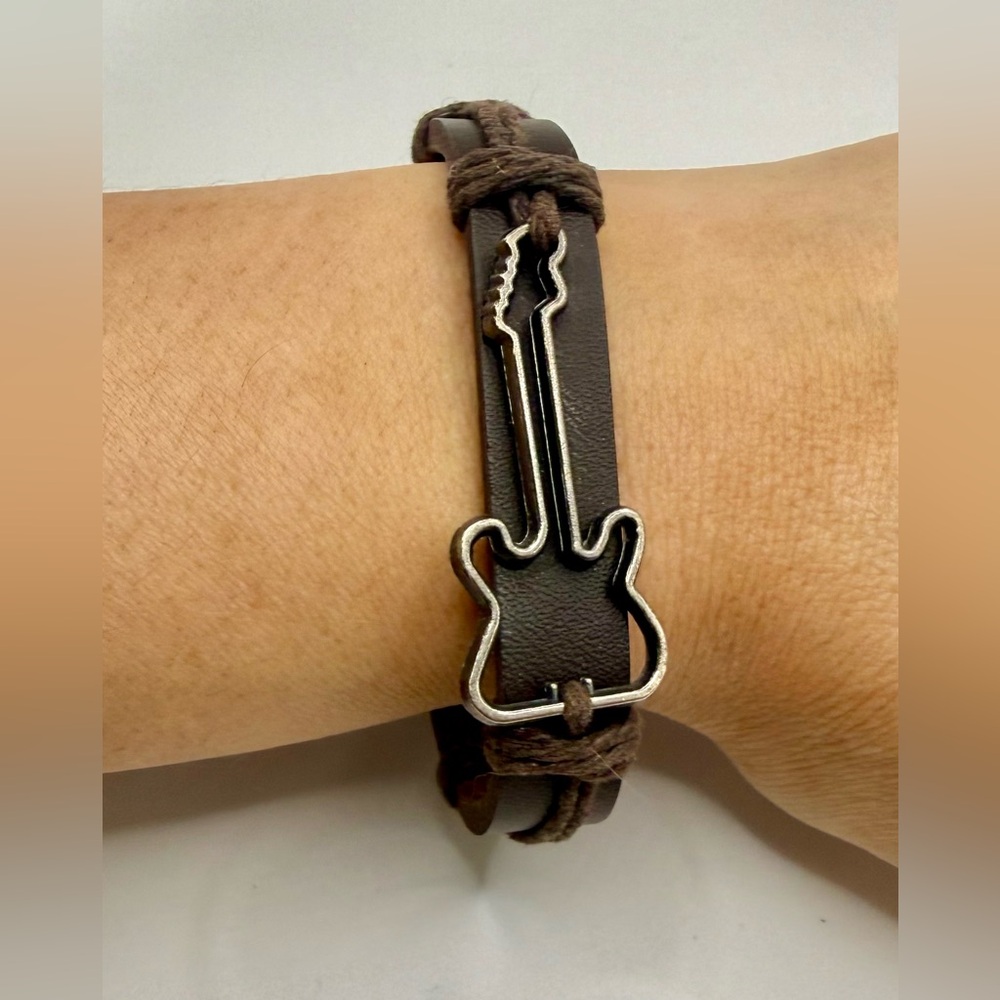 Leather Guitar Bracelet Adjustable Brown Music Lover Wristband Unisex